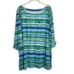 Gloria Vanderbilt Womens Knit Top Size 3X Blue Green Wavy Stripes Cotton Blend